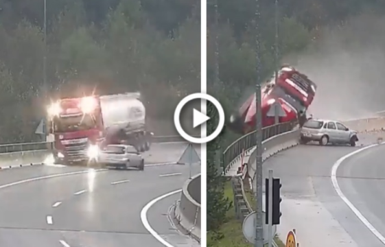 Ultim’ora. Spaventoso schianto, auto sorpassa ma impatta camion che cade da cavalcavia