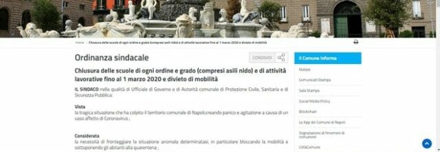 Coronavirus a Napoli: “Scuole chiuse fino al 1 marzo”