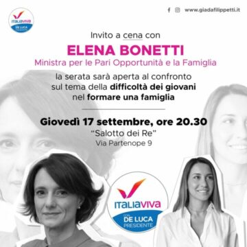 Domani la Ministra Elena Bonetti a Napoli con Giada Filippetti, candidata e capolista di Italia Viva alle elezioni regionali