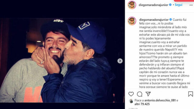 La lettere di Diego jr. a Maradona: «Ciao papà, 10 del mio cuore. Con te ero invincibile»