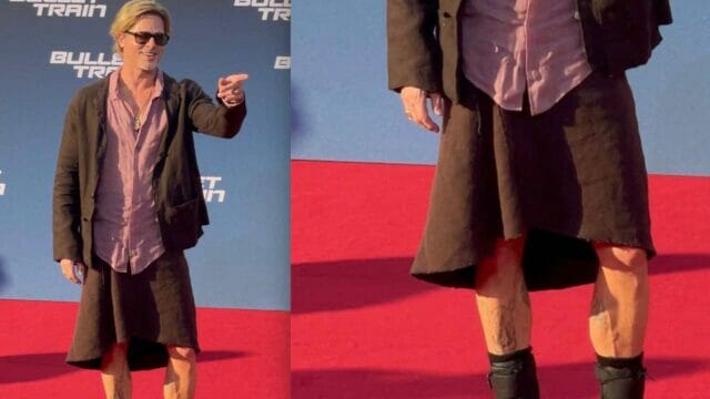Brad Pitt batte il caldo e  mostra le gambe: sul red carpet con la gonna rompendo i tabù