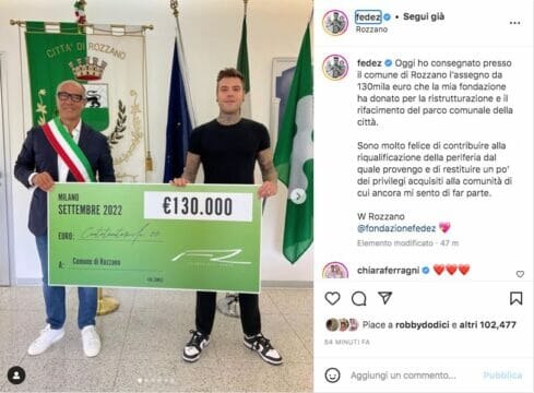 Fedez dona €130.000 a Rozzano per la realizzazione del nuovo parco dello sport