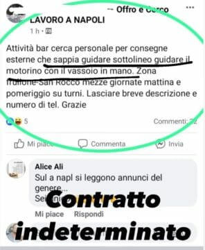 Annuncio esilarante segnalato al consigliere Borrelli:”Attività bar cerca personale per consegne esterne che sappia guidare, sottolineo guidare, il motorino con il vassoio in mano.”