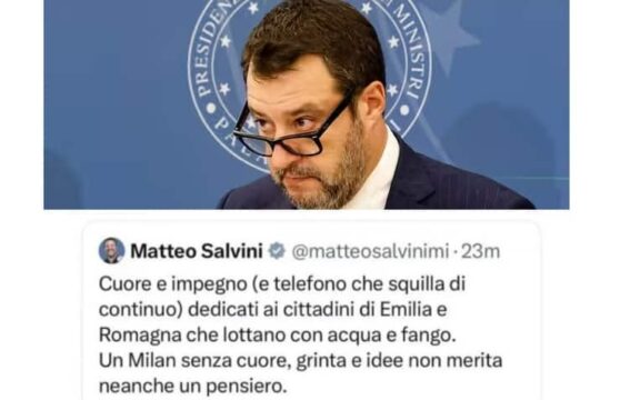 Figuraccia social per Matteo Salvini: piange per l’alluvione e critica il Milan nello stesso tweet