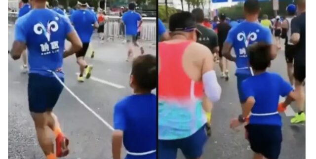 Bimbo di 9 anni legato al padre corre la mezza maratona: uomo squalificato per tre anni
